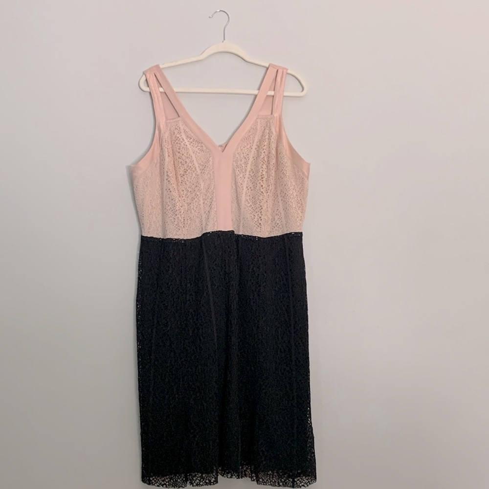 Stunning lace overlay midi dress. Champagne/lightpink with black bottom.